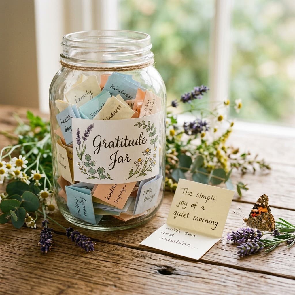 A glass Gratitude Jar filled with handwritten notes, beside lavender, daisies, and a butterfly.