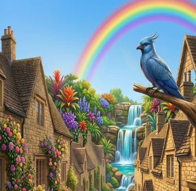 The Blue Bird perched on a branch above a rainbow village.