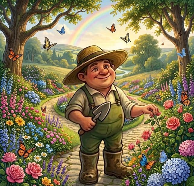 The Gardener in a sunlit garden, gently touching a pink rose.