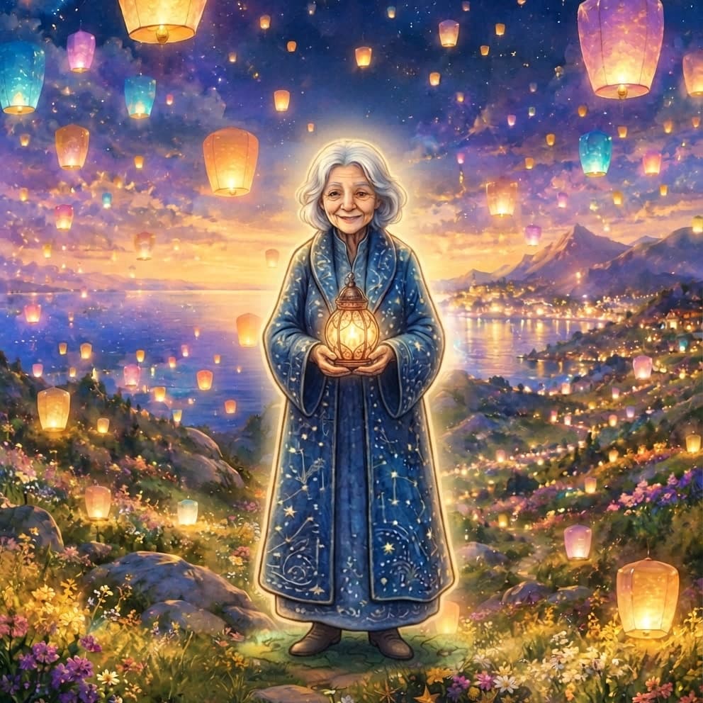 An elderly woman in a star-stitched coat holds a glowing lantern among floating lanterns in a night meadow.