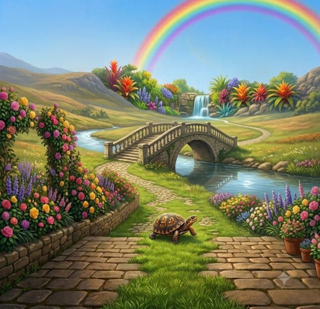 The Turtle walking a cobblestone path through Rainbow Hill under a rainbow.