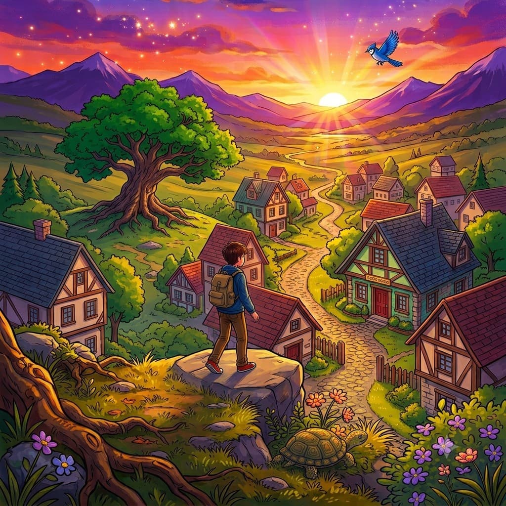 Sam looking out over Rainbow Hill at sunset, with the turtle nearby and a blue bird in the sky.
